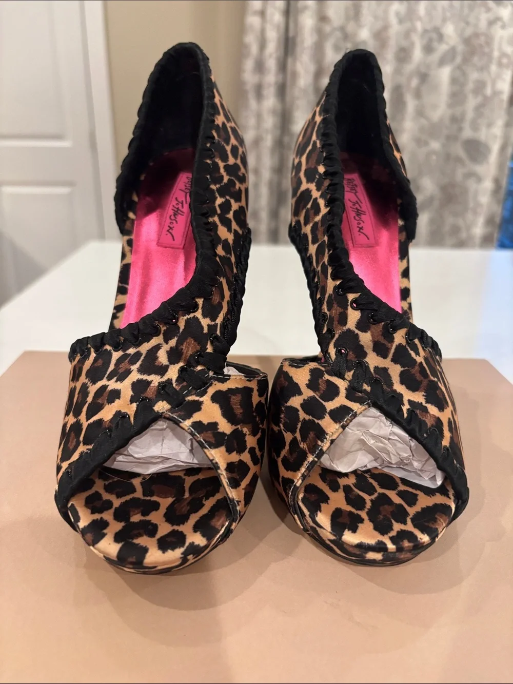 Betsey Johnson Leopard Print Open-Toe Stiletto Heels in Brown and Black